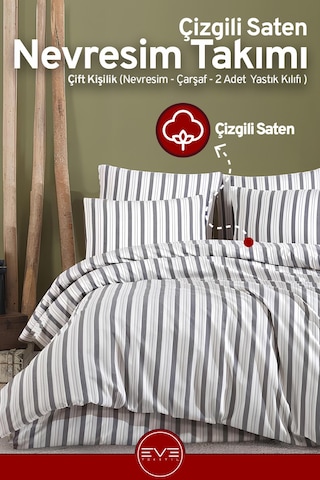 Saten Çizgili Çift Kişilik Lüks Nevresim Takımı Set 200x200 Cm Gri