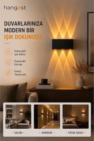 Pilli Amber 3 Led Dekoratif Duvar Apliği Çift Yönlü Yukarı Aşağı Aydınlatma İç & Dış Mekan Duvar Lambası Siyah