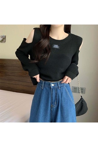 Siyah Tasarım Duygusu Sonbahar Kış Kazak Kazak Triko Kadın Kapalı Omuz Astar Dışında Giyin İnce Tasarım Üst Siyah