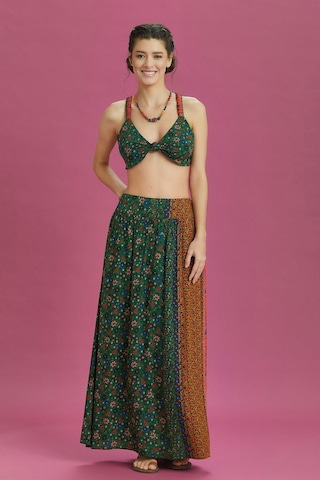 Çiçek Desenli Arka Bel Lastikli Derin Yırtmaçlı Etek 001