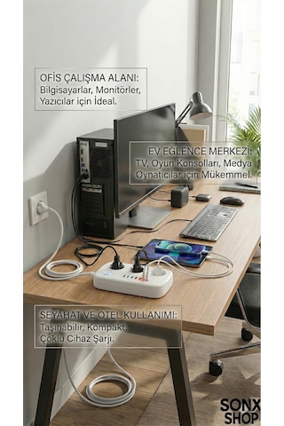 2500w Çoklu Priz 2 Metre - 3 Lü Ac Priz +5 Usb Çıkışı Akım Korumalı Alev Almayan Gövde, 3 Çıkışlı - 10 Metre - Beyaz