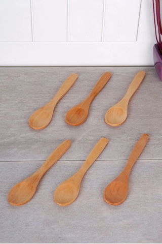 6 Adet Ahşap Mama Kaşığı - Reçel Bal Servis Çay Kaşık 13 Cm
