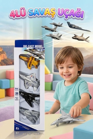 4 Parça Çek Bırak Mekanizmalı 3d 1:180 Ölçekli 9cm Detaylı Tasarımlı Oyuncak Savaş Uçağı Seti