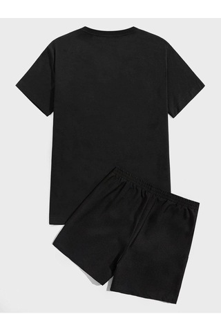 Ayıcık T-shirt Şort - Siyah Alt Üst Kombin Şort Tişört Takım Baskılı Oversize Bisiklet Yaka Siyah