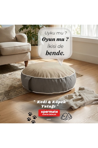 Xpermate Fermuarlı Kedi ve Köpek Minderi Yuvarlak Kedi Minderi Yıkanabilir Kedi Köpek Yatağı Bej - Gri