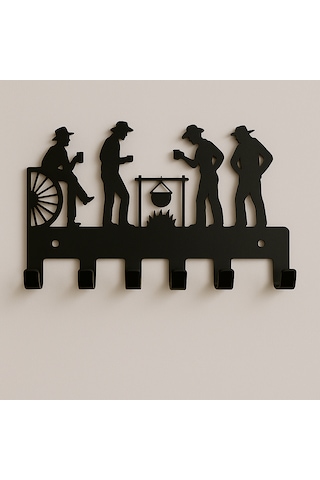 Lunoart Modern Kovboy Silüetli Metal Anahtarlık 5 Askılı Siyah Dekoratif Organizer Siyah