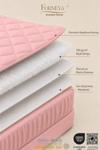 %100 Pamuk Renkli Kapitone Sıvı Geçirmez Alez Çarşaf - Pembe