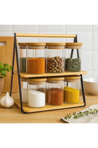 300 Cc Borosilikat 12 Lı Standlı-bambu Kapaklı Baharatlık Seti-7 X 10 Cm Beyaz