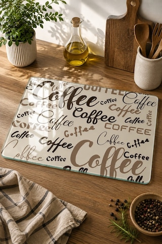 Gökçeoğlu Cam Kesme Tahtası Coffee Temalı - Cam Kesme Tablası 30cm X 40cm Çok Renkli