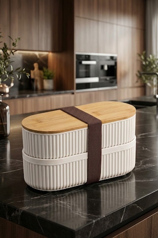 Makri Home 2'li Bambu Kapaklı Saklama Ve Beslenme Kutusu 2 Katlı, 20 X 9 X 5,5 Cm Şeffaf