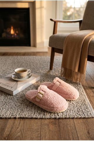 Relaxa Kadın Antik Tokalı Peluş Ev Terliği, Yumuşak Kürklü,yumuşak Tabanlı, Sıcak Kışlık Terlik Pembe