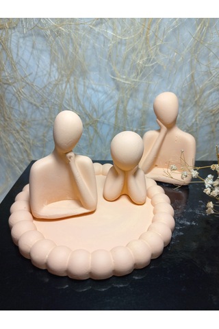 Bubble Yuvarlak Tabakta 3'lü Aile Set Dekoratif Biblo Bej