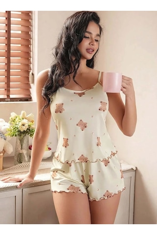 İkikareshop Kadın Bej Ayıcık Desenli Örme Yazlık Şort Takımı Rahat Ev Giyim Çok Renkli