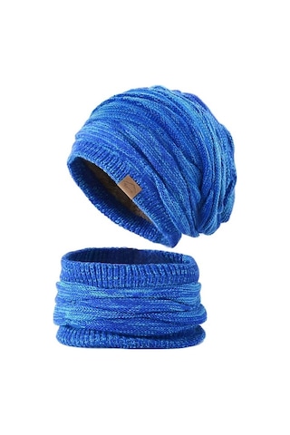 Kadınlar İçin Şık Ve Sıcak Kışlık Bere Şapka Atkı Seti, Soğuk Havalara Özel Kombin Mavi