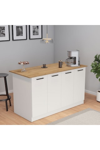 Umg Mobilya Patentli 160lık Benzila Siyah Kulplu Ada Mutfak, Mutfak Dolabı, Çok Amaçlı Dolap Beyaz - Meşe