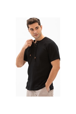 Kısa Kol Şile Bezi Zımbalı Erkek Tshirt Siyah 3003