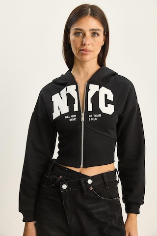 Shade Kadın Nyc Nakışlı Üç İplik Şardonlu Kapüşonlu Crop Hırka 6942 60283794 - Siyah