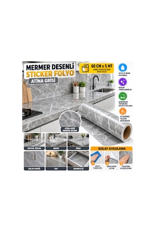 Mermer Desenli Sticker Folyo Atina Grisi 60cm 5mt Beyaz - Çok Renkli