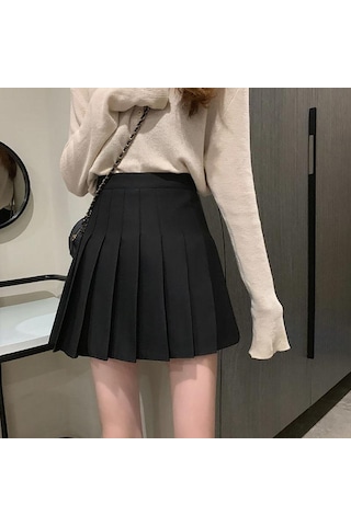 Siyah Yaz Kadın Etek Tarzı Pileli Etek Şık Öğrenci Yüksek Bel A-line Etek Kadın Siyah