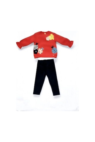 Kız Çocuk Çiçek Desenli İçi Şardonlu Kadife Taytlı Takım-14515 Nar Çiçeği