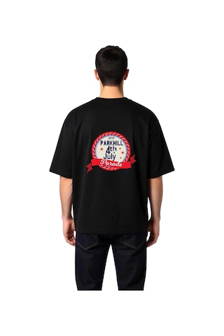 Paybuy Erkek Oversize Tişört %100 Pamuk Retro Geçit Töreni Baskısı Rahat Siyah