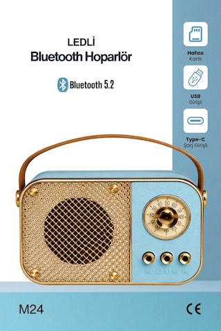 Nostaljik Bluetooth Hoparlör Bluetooth 5.2 Usb & Tf Kart Destekli Led Taşınabilir Speaker Mavi