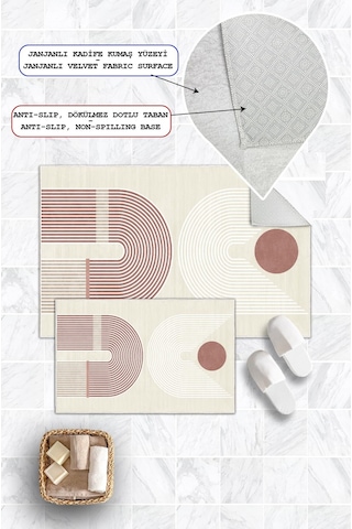 Dijital Baskı Modern Kaymaz Taban 2li Set Banyo Paspası Klozet Takımı 50x60cm-60x100cm Pembe