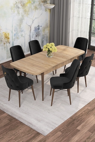 Mona Meşe Desen 80x132 Açılabilir Mdf Masa Yemek Odası Takımı, Mutfak Takımı 6 Adet Sandalye Meşe Masa - 6 Siyah - Ceviz Ayak