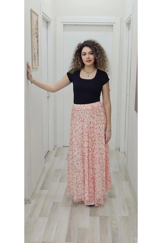 Bel Lastikli Kloş Şifon Etek 6003-beyaz/turuncu Beyaz/turuncu Beyaz - Turuncu