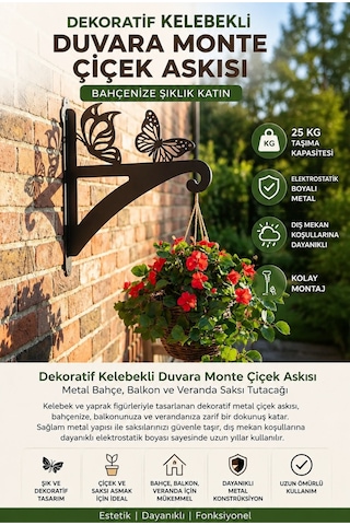 Dekoratif Butterfly Figürlü Dekoratif Duvara Monte Çiçek Askısı Metal Bahçe, Balkon Ve Veranda Saksı Tutacağı Siyah