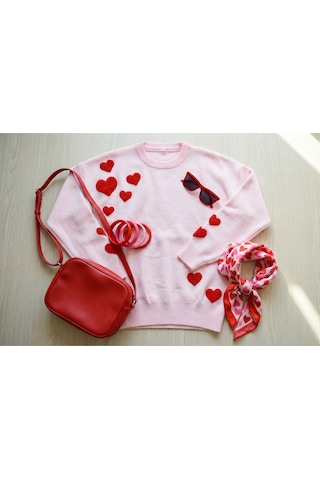 Sayzen Your Shine Kalp Nakışlı Basic Kadın Kazak Tyc78b078cf67382cd7ae1700 Pembe