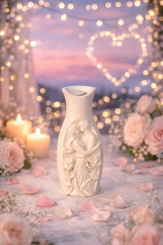 Romantik Çift Figürlü Dekoratif Seramik Vazo Krem Renk, Gül Detaylı Şık Ev Dekoru Bej - Beyaz