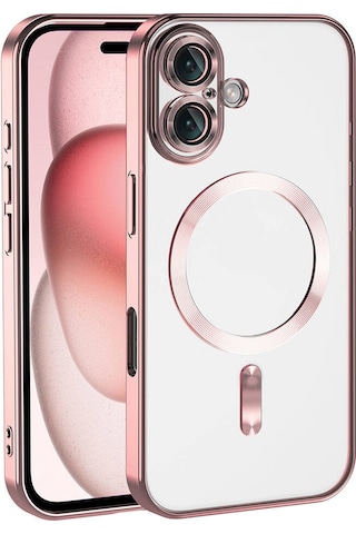 Apple Uyumlu iPhone 16 Kılıf Kamera Korumalı M-safe Wireless Şarj Özellikli Zore Demre Kapak Rose Gold