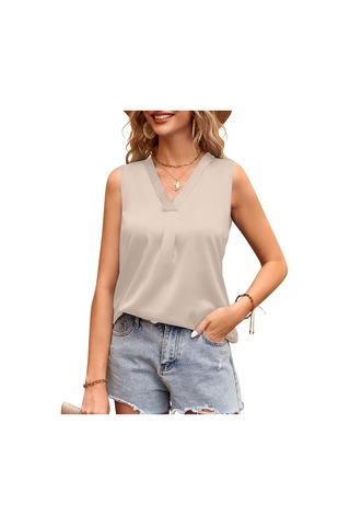 Şampanya Hnxc Kadın Modası Rahat Yaz Düz Renk Baskı Kolsuz V Yaka Bluzlar Ve Gömlekler Bej