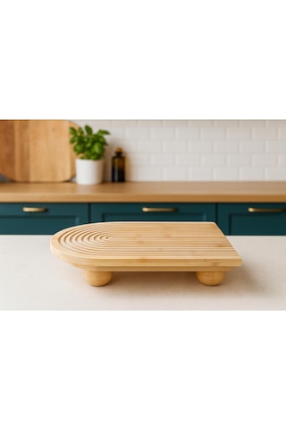Bambu Dekoratif Top Ayaklı Sunum Tabağı, Servis Tabağı, 23 X 33 Cm Açık Bej