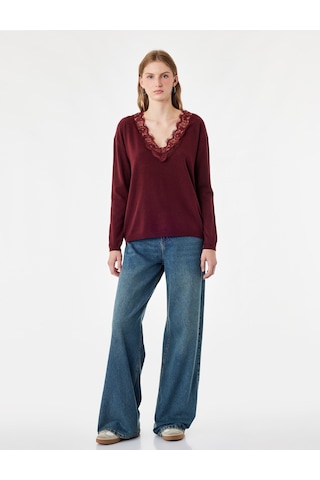 Koton Dantel Detaylı Regular Fit V Yaka Uzun Kollu Triko Kazak Bordo 7wal90144ıt