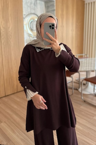 Ka Hijab Kolu Tüllü Merserize Takım - Kahverengi