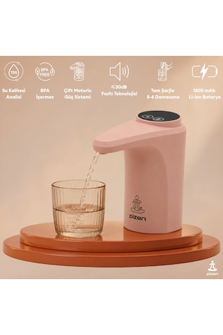 Pizen Flow Usb Şarjlı Otomatik Damacana Su Pompası Tds Ölçer 250ml 500ml 1l 2l Ölçü Özellikli Pembe