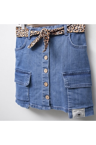 Kargo Cepli Kız Çocuk Önden Düğmeli Kot Etek Kot Rengi