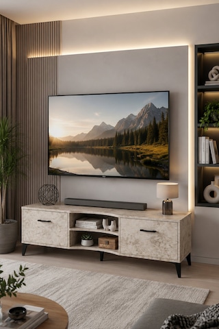 Reyo Falez Vera Tv Sehpası 160x35x50 Cm Çok Amaçlı Televizyon Ünitesi Raflı Dolaplı Salon Oturma Odası 5056 Traverten