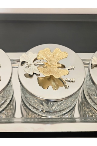 Atabey Home Collection 3'lü Kelebekli Gümüş Tepsili Kase Seti & Şekerlik & Sunumluk & Çerezlik