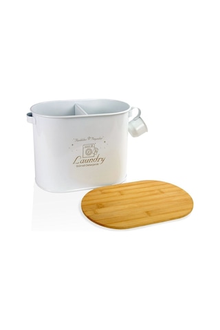 Reoona Bambu Kapaklı Metal Bölmeli Ölçekli Toz Deterjanlık, Tablet Saklama Kutusu 12 Lt Beyaz