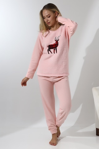 Wordex Fawn 5016 Peluş Welsoft Polar Kışlık Yumoş Geyikli Kadın Pijama Takımı - Pembe