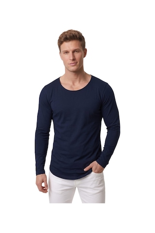 Deepsea Erkek Lacivert %95 Pamuk Slim Fit Kesik Açık Yaka Likralı Penye Sweatshirt Oval Kesim 2602299