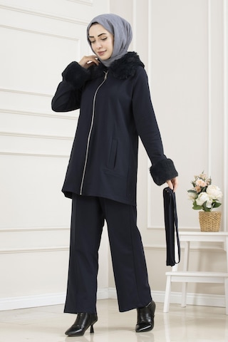 Sevitli Yakası Ve Kol Ağzı Kürklü Takım-lacivert-5633 Lacivert