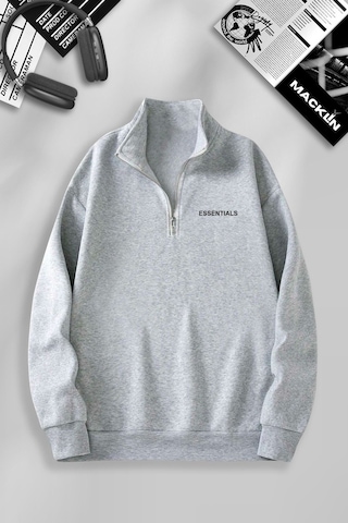 Macklin Unisex Kadın Erkek Essentials Baskılı Yarım Fermuarlı Dik Yaka Basic Sweatshirt Gri Mck0599 Gri