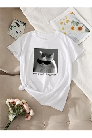 Altamira Unisex Kedi Gözlük Baskılı Oversize T-shirt 001