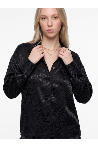 Pera Moda Jakarlı Oversize Uzun Şık Kadın Gömlek Siyah
