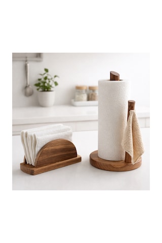 CH woodline Ceviz Kağıt Havluluk Ve Peçetelik Seti Doğal Ahşap Mutfak Organizer, 2 Li Set, Dayanıklı Ve Dekoratif Tasarım -