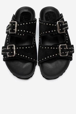 Luvi Shoes Avenelle Siyah Süet Hakiki Deri Çift Bantlı Zımbalı Kadın Terlik